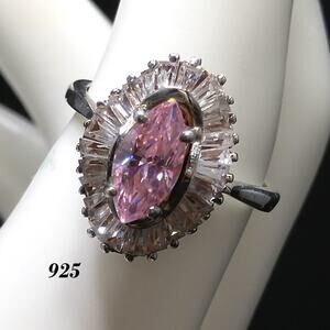 Pink Clear Rhinestone Silver Ring, US Size 7 1/4, 925 NF, 1990s Vintage Jewelry